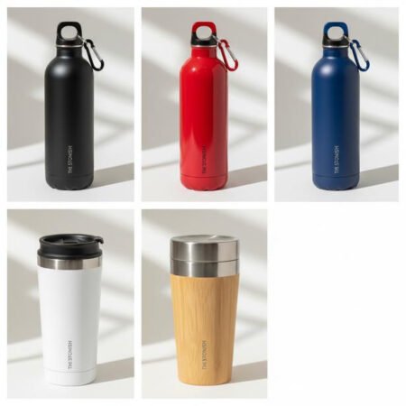 Aluminium water bottles in black, red and blue with carabiner clips