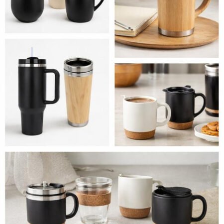Collection of ceramic and bamboo-base coffee mugs and travel tumblers