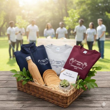 Branded corporate t-shirts, polos and hoodies presented in a gift basket