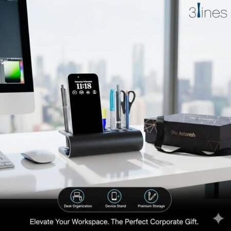 Modern desk organiser with integrated phone stand and pen storage
