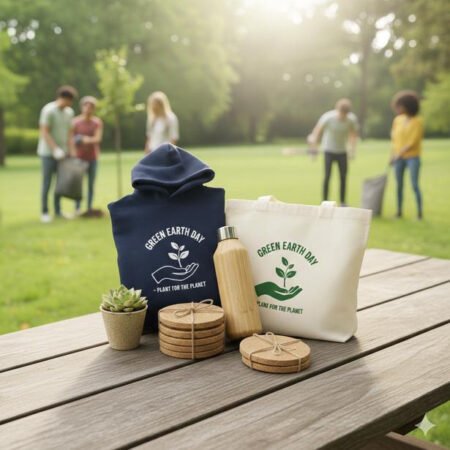 Sustainable gift kit with jute tote bag, organic cotton hoodie, bottle, wooden coasters and a plant