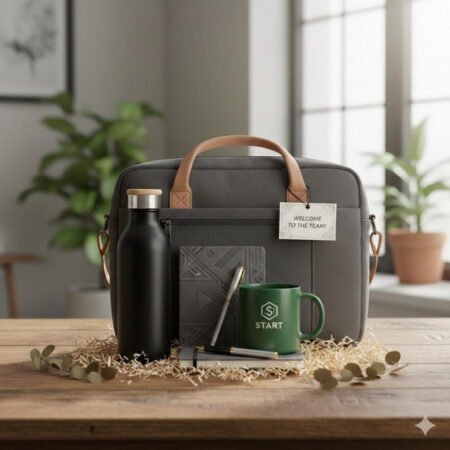 Employee welcome kit with laptop bag, insulated bottle, branded mug and notebook