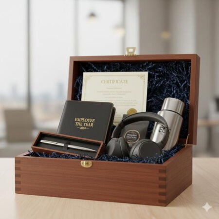 Premium recognition gift box with certificate, headphones, insulated flask and pen