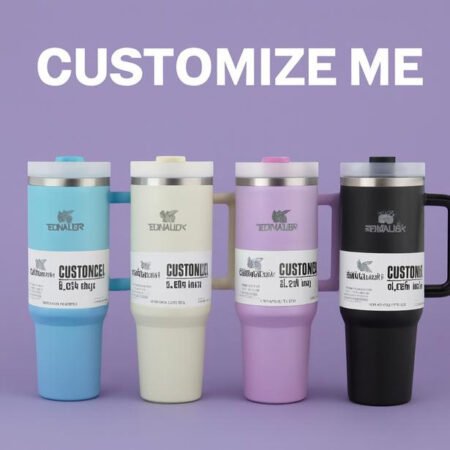 Large insulated travel mugs with handles and straws in four colours