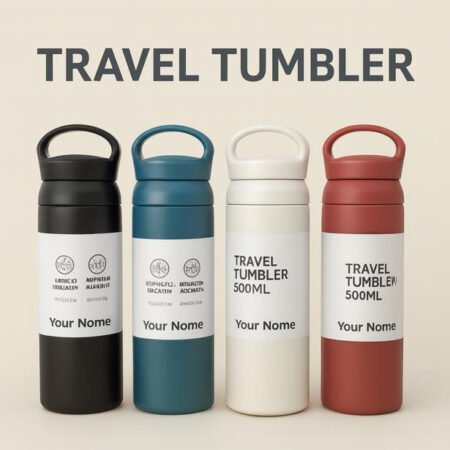 Insulated 500ml travel tumblers in four colours with custom name branding