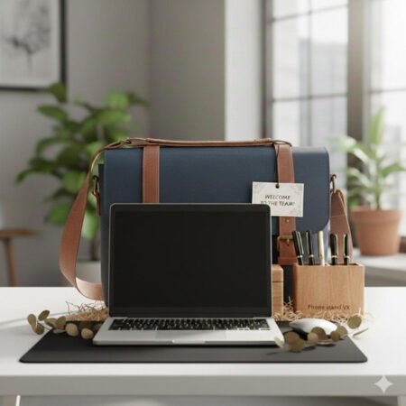 Tan leather-finish laptop messenger bag with shoulder strap on a desk