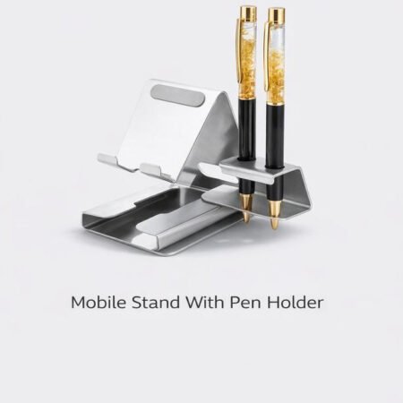Metal mobile phone stand with integrated pen holder in silver and black