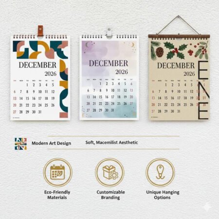 Three hanging wall calendar designs for 2026 in modern art and minimalist styles