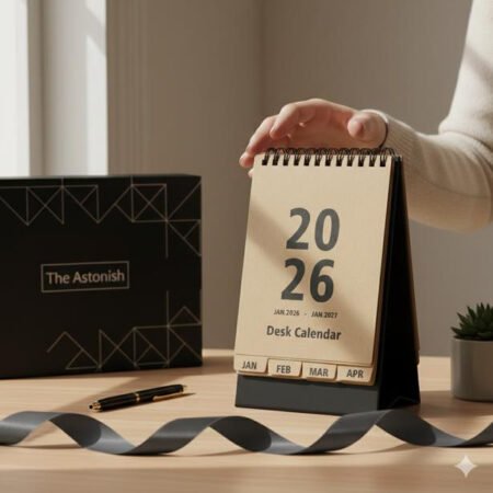 Standing wooden desk calendar for 2026 with monthly tear-off pages