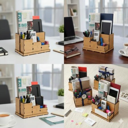 Wooden multi-compartment desk organiser holding pens, cards and stationery