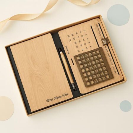 Wooden-cover notebook organiser with built-in calculator and pen