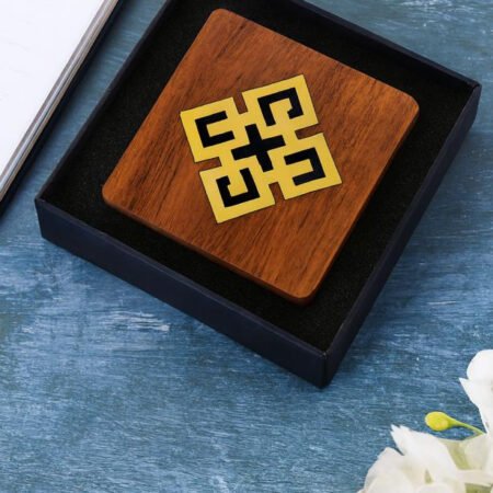 Engraved wooden serving tray presented in a black gift box