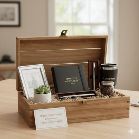 Wooden work anniversary gift box with photo frame, diary, pen and travel mug